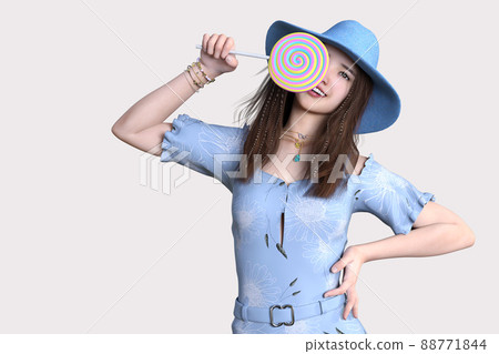 一個穿著淺藍色連衣裙和藍色帽子的微笑女孩用大糖果把臉藏到一半 88771844