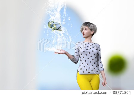 讓蝴蝶魚在一座白色建築中游泳，可以看到大海，一個捷徑的女人在她的手掌上濺水，這讓蝴蝶魚感到驚訝 88771864