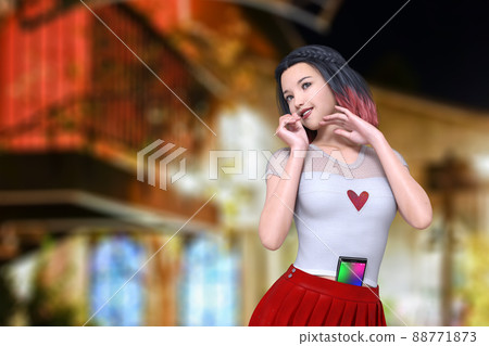 A girl with bob hair in a top and a red skirt poses in the night city and has a cell phone in her stomach A girl with bob hair in a top and a red skirt poses in the night city and has a cell phone in her stomach 88771873