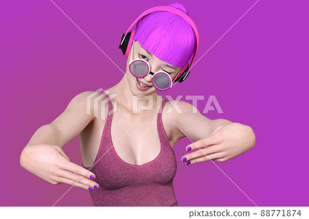 A woman with pink pop hair wearing sunglasses is wearing a tank top and doing a hand pose A woman with pink pop hair wearing sunglasses is wearing a tank top and doing a hand pose 88771874