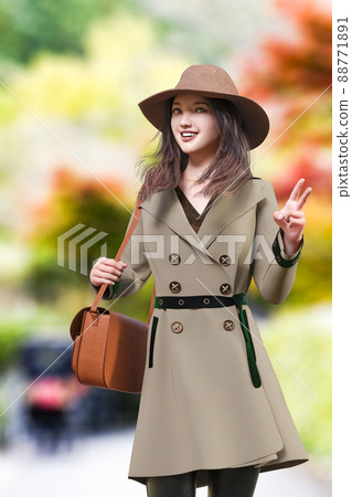一個穿著外套的女人在城市秋天的自然背景下擺姿勢 88771891