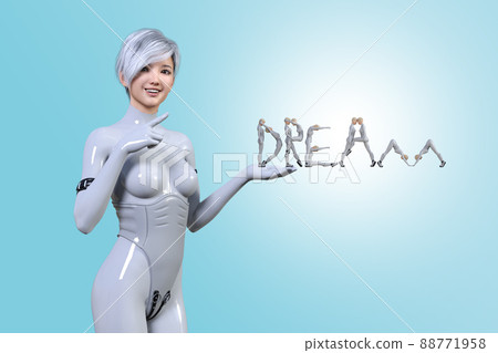A smiling woman in a white bodysuit points to the DREAM character poses by a human. A smiling woman in a white bodysuit points to the DREAM character poses by a human. 88771958