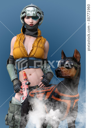 一個穿著黃色夾克和頭盔的女人和一個戴著護目鏡的杜賓犬前往敵方領土 一個穿著黃色夾克和頭盔的女人和一個戴著護目鏡的杜賓犬前往敵方領土 88771960