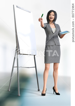 一位女商人,一隻手拿著平板電腦,一邊在展台上解釋材料一邊任命某人 一位女商人,一隻手拿著平板電腦,一邊在展台上解釋材料一邊任命某人 88771964