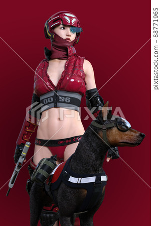 一個穿著紅色夾克和頭盔的女人和一個戴著護目鏡的杜賓犬前往敵方領土 88771965