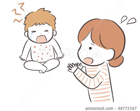 A baby crying with atopic itch and a panicked mother A baby crying with atopic itch and a panicked mother 88772587