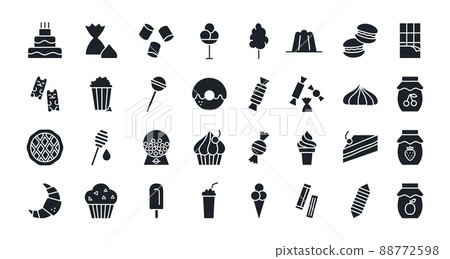 Bakery products, chocolate, candies, sweets icon set. Confectionery isolated vector silhouettes 88772598