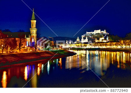 奧地利薩爾茨堡薩爾察赫河上的霍亨薩爾茨堡要塞和馬卡特橋夜景 奧地利薩爾茨堡薩爾察赫河上的霍亨薩爾茨堡要塞和馬卡特橋夜景 88772940