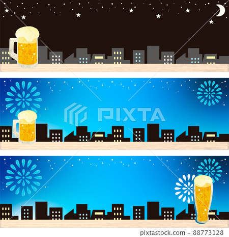 Banner frame summer festival fireworks beer night view silhouette watercolor copy space background illustration 88773128
