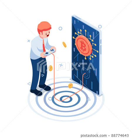 Isometric Businessman Playing Crypto Games on Smartphone 88774643