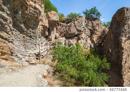 Golitsyn trail on a sunny day. Summer Crimean landscape with stairway 88775886