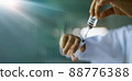 Medical research and development, Doctor hands injecting Covid-19 vaccine into glass syringe. Experimental result in laboratory, immune system and Covid-19 global vaccination coverage. 88776388