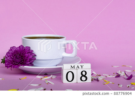 White coffee cup and purple flower with wooden block cube on pink background. White coffee cup and purple flower with wooden block cube on pink background. 88776904