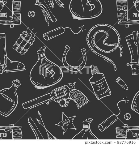 A pattern with elements of the wild West in the doodle style on a black background Vector illustration 88776916