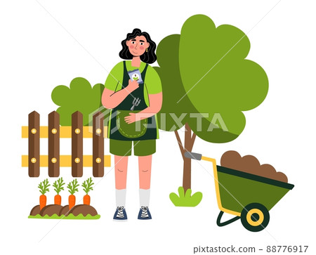 People enjoy gardening and planting plants A woman farmer gardener doing work and agricultural hobby Vector illustration isolated 88776917