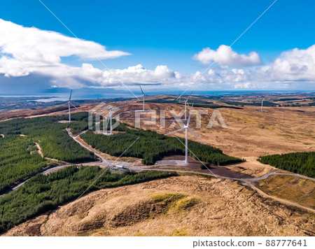 Aerial view of the Cloghervaddy windfarm between Frosses and Glenties in County Donegal Aerial view of the Cloghervaddy windfarm between Frosses and Glenties in County Donegal 88777641