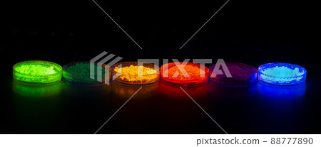 Fluorescent organic materials powder of red, yellow, green color for production OLED inside of glasses bottles in UV light. 88777890