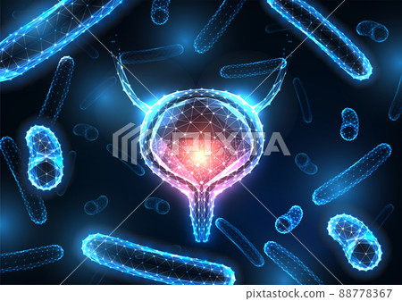 Futuristic bladder infection, cystitis concept with glowing bladder and bacteria on dark blue 88778367