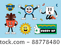 Retro cartoon stickers with funny comic characters, gloved hands. Contemporary illustration of comic alarm clock, pillow, cup of coffee, sun, wake up, ok gloved hand 88778480