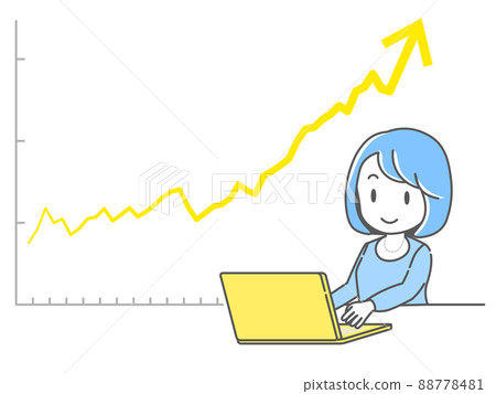 一位年輕女子對著電腦上不斷上升的投資信託圖表微笑 88778481