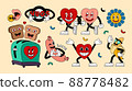 Retro cartoon stickers with funny comic characters, gloved hands. Contemporary illustration of comic hearts, sausage, toaster, banana, flower, kiss lips, toasts, hugs, love 88778482