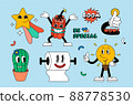 Retro cartoon stickers with funny comic characters, gloved hands. Contemporary illustration of comic star, light bulb, happy dynamite, boom, toilet paper, cactus, and gloved hand with thumbs up 88778530