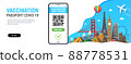 Banner with popular world landmarks and International Digital vaccine certificate for free movement and travel. Smartphone with Qr code test result. Covid-19 immune passport app. 88778531