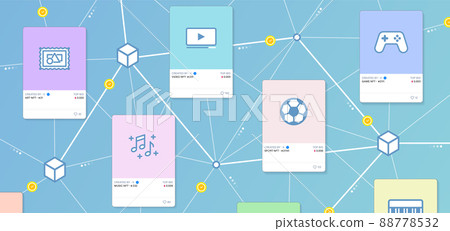 NFT cards with crypto objects of art, sports, music, video, games items on sale and blockchain in the background. Online NFT collectibles market NFT cards with crypto objects of art, sports, music, video, games items on sale and blockchain in the background. Online NFT collectibles market 88778532