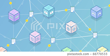 Virtual blocks with NFT crypto objects of art, sports, music, video, games items on sale and blockchain in the background. Online NFT collectibles market Virtual blocks with NFT crypto objects of art, sports, music, video, games items on sale and blockchain in the background. Online NFT collectibles market 88778533