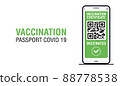 Covid-19 immune passport app. International Digital vaccine certificate for free movement and travel. Smartphone with Qr code test result in hand 88778538