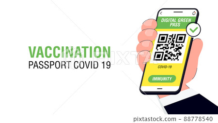Covid-19 immune passport app. International Digital vaccine certificate for free movement and travel. Smartphone with Qr code test result in hand 88778540