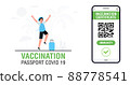 Banner with International Digital vaccine certificate for free movement and travel. Smartphone with Qr code test result. Covid-19 immune passport app. 88778541