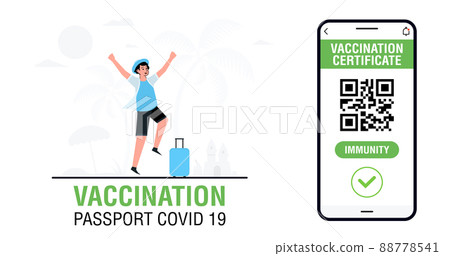 Banner with International Digital vaccine certificate for free movement and travel. Smartphone with Qr code test result. Covid-19 immune passport app. 88778541