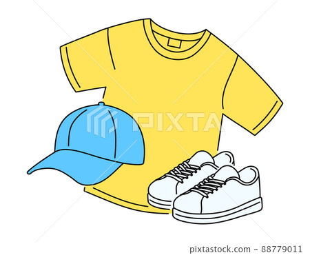 Men's, unisex fashion illustrations. T-shirts, hats and sneakers. Men's, unisex fashion illustrations. T-shirts, hats and sneakers. 88779011