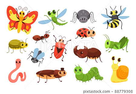 Cartoon insects. Happy bugs, cute little beetle and smiled caterpillar. Wildlife insect vector Illustration set Cartoon insects. Happy bugs, cute little beetle and smiled caterpillar. Wildlife insect vector Illustration set 88779308