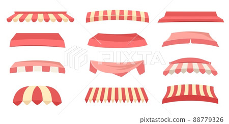 Store awnings. Restaurant tent, shop canopy with red stripes and market roof vector set 88779326