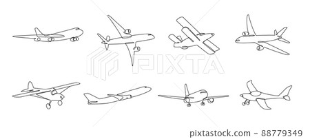 One line airplane. Travel aviation, private plane and airlines linear sketch vector illustration set 88779349