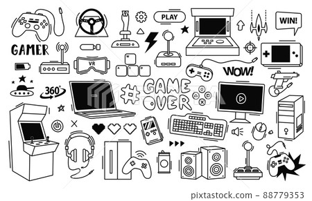Video games doodle. Gaming controller, retro arcade console and game items line art vector illustration set 88779353