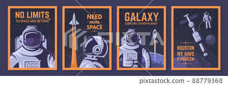 Astronaut posters. Space explorer, cosmos adventures and open space vector illustration set Astronaut posters. Space explorer, cosmos adventures and open space vector illustration set 88779368