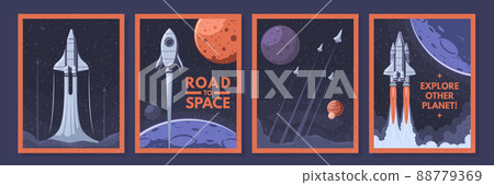 Space shuttle and rockets posters. Rocket launch, explore other planet and road to space vector illustration set Space shuttle and rockets posters. Rocket launch, explore other planet and road to space vector illustration set 88779369