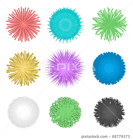 Fringe ball. Textile pompon, furry balls ans spherical decoration ornament made of thread isolated vector set 88779373