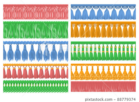 Seamless fabric fringe. Ruffle seam trim, tassel border ruffles and garment decorative ornament vector set Seamless fabric fringe. Ruffle seam trim, tassel border ruffles and garment decorative ornament vector set 88779374