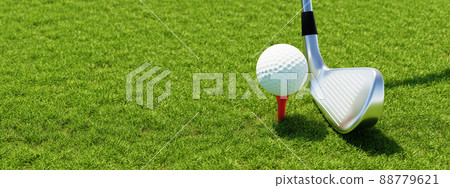 Golf ball on tee and golf club with fairway green background. Sport and athletic concept. 3D illustration rendering 88779621