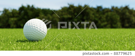 Golf ball on grass in fairway green background. Banner for advertising with copy space. Sport and athletic concept. 3D illustration rendering Golf ball on grass in fairway green background. Banner for advertising with copy space. Sport and athletic concept. 3D illustration rendering 88779625