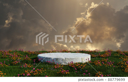 Natural stone podium on meadow grass field and cloudy sky background. Nature and weather concept. 3D illustration rendering Natural stone podium on meadow grass field and cloudy sky background. Nature and weather concept. 3D illustration rendering 88779699