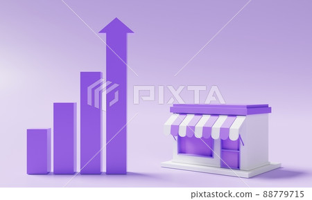Minimal storefront model and rising bar chart graph on purple background. Business owner and Startup entrepreneur concept. 3D illustration rendering 88779715