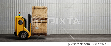 Driverless car forklift robot lifting and moving pallets cardboard box to storage room. Business industrial and production concept. and a 3D illustration rendering Driverless car forklift robot lifting and moving pallets cardboard box to storage room. Business industrial and production concept. and a 3D illustration rendering 88779749