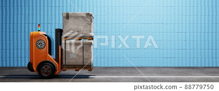 Driverless car forklift robot lifting and moving pallets cardboard box to storage room. Business industrial and production concept. and a 3D illustration rendering Driverless car forklift robot lifting and moving pallets cardboard box to storage room. Business industrial and production concept. and a 3D illustration rendering 88779750
