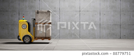 Driverless car forklift robot lifting and moving pallets cardboard box to storage room. Business industrial and production concept. and a 3D illustration rendering Driverless car forklift robot lifting and moving pallets cardboard box to storage room. Business industrial and production concept. and a 3D illustration rendering 88779751