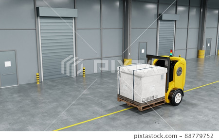 Driverless robotics car forklift robot lifting and moving pallets cardboard box to storage room in the factory background. Business industrial and production concept. and a 3D illustration rendering Driverless robotics car forklift robot lifting and moving pallets cardboard box to storage room in the factory background. Business industrial and production concept. and a 3D illustration rendering 88779752